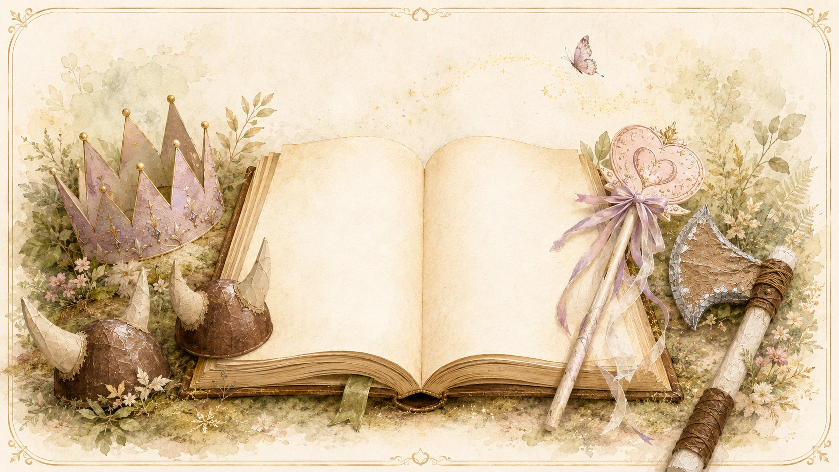 A watercolor storybook scene with a little explorer, a friendly dragon, and a magical open book